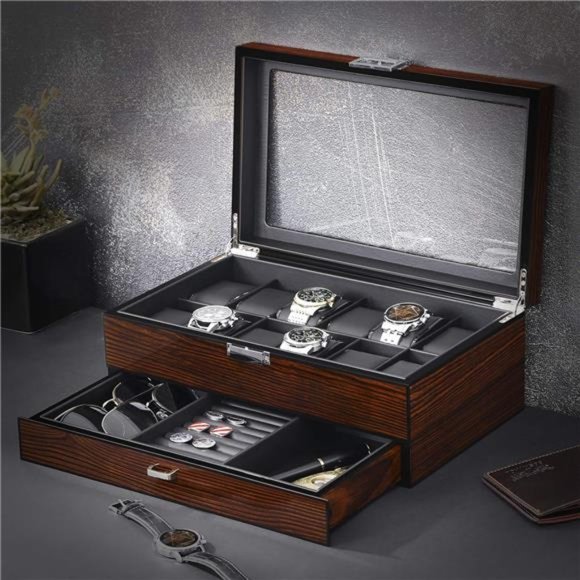 12 Watch Box with Valet Drawer, Luxury Watch Case,Watch Organizer for Mens - Picture 3 of 8